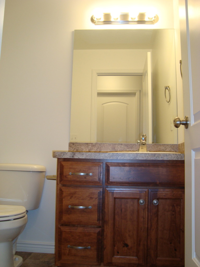 Bathroom Picture showing Mirror, top lighting, sink and cherrywood cabinets under the sink. 