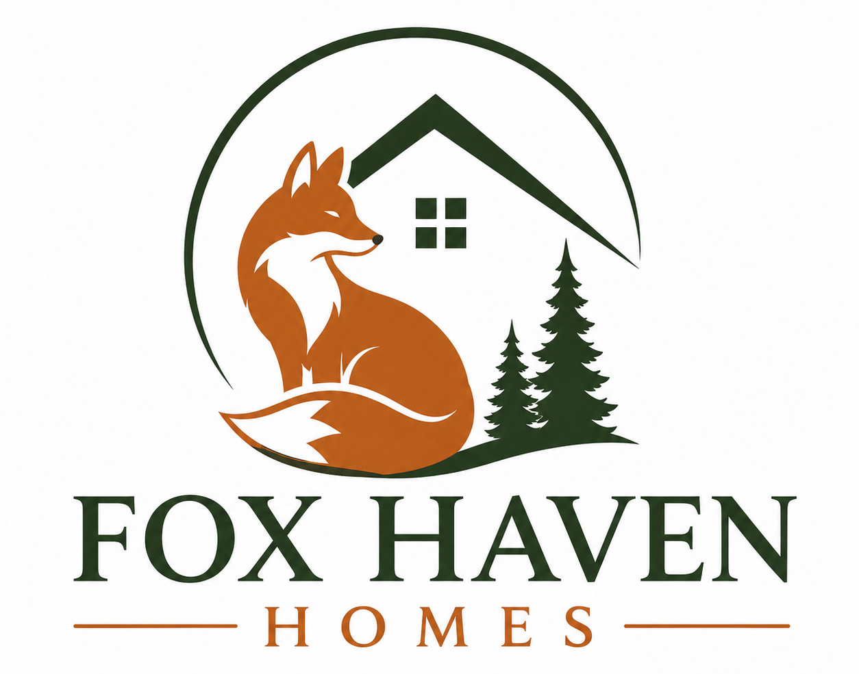 Logo: "Fox Haven Homes" with the outline of a roof with a fox underneath next to 2 pine trees.